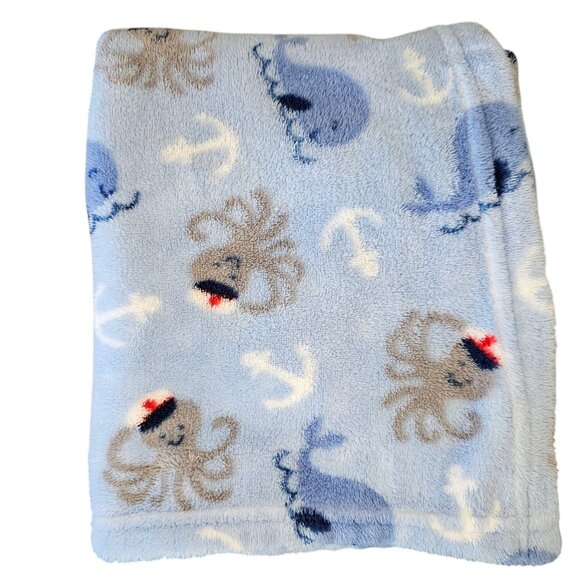 Parents Choice Walmart Blue Baby Blanket Octopus Sailor Hat Captain Whale Anchor - Picture 1 of 5